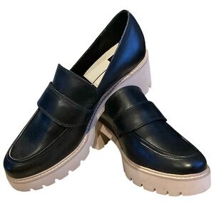 Dolce Vita Halona Black Leather & Tan Lug-Sole Platform Loafer Pumps Size 10 New